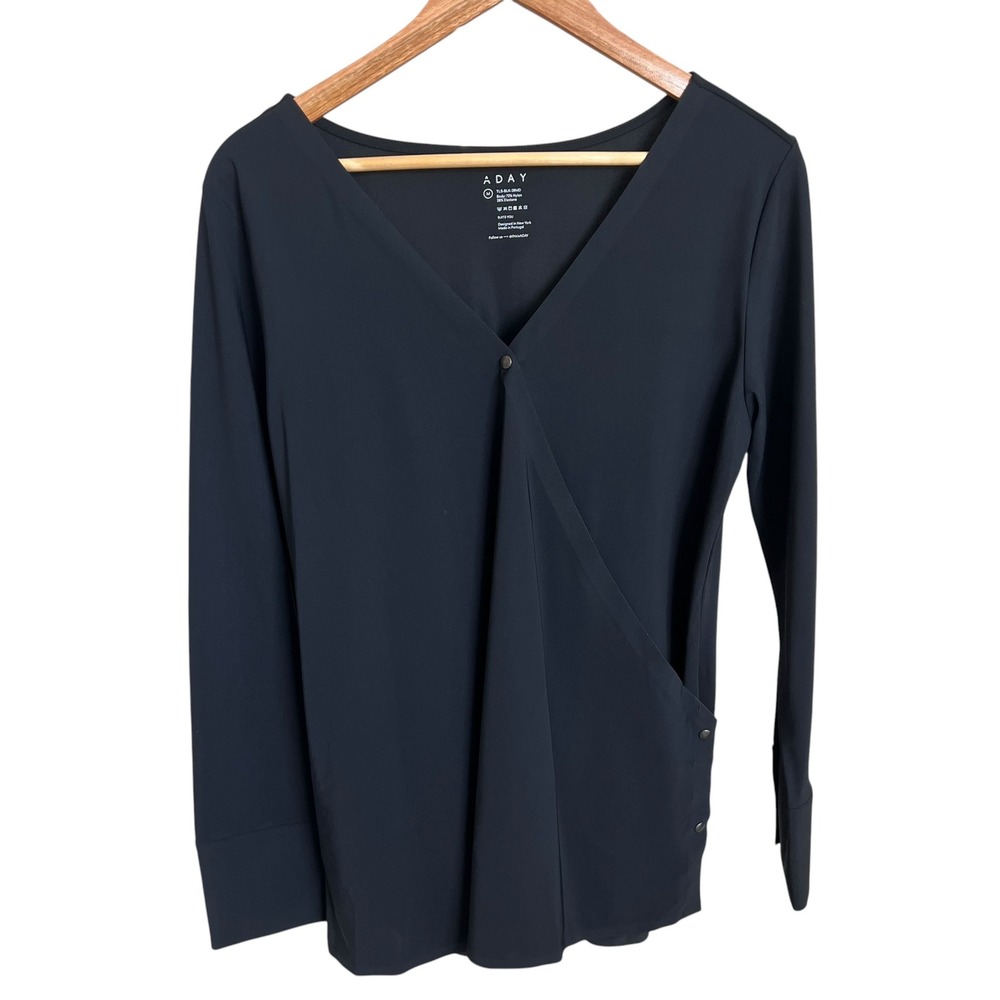 ADAY Black Suits You Long Sleeve Button Snap Wrap Top SZ M Minimalist Office